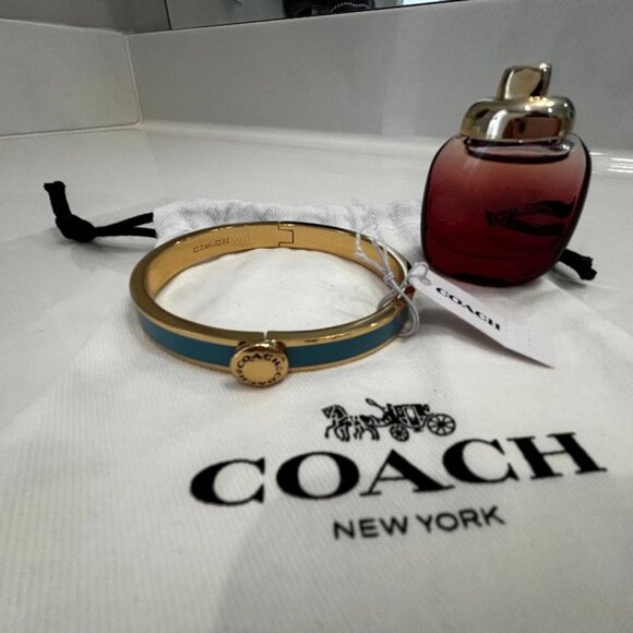 Coach Signature Gold-tone w/Blue Enamel Hinged Bangle Bracelet, Dustbag & Gift - Picture 3 of 4